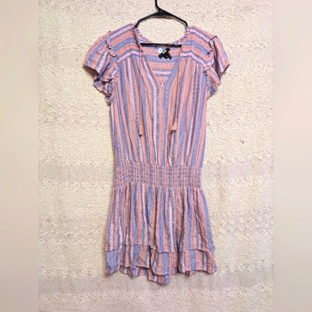 Paige Women's Jackie Dress Blue Pink Stripe Cap Flutter Sleeves EUC Size M